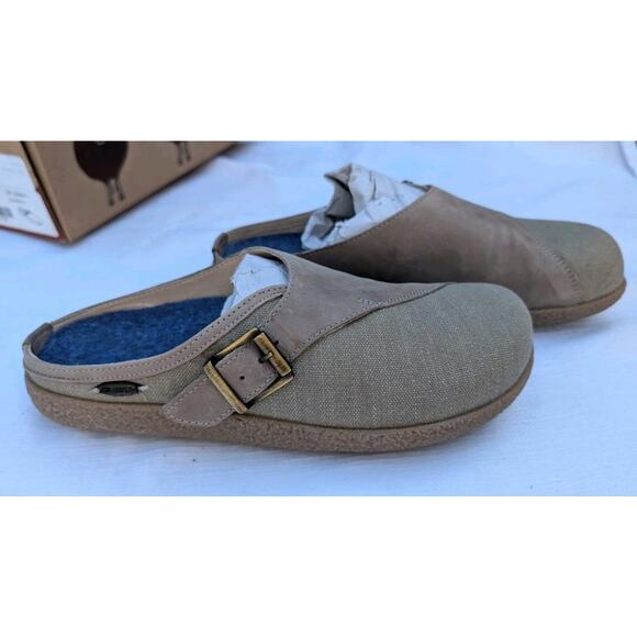Giesswein Radler Taupe Mules SZ 39 US 8 Wool Canvas Buckle Slip On Shoes sesame - Picture 1 of 7